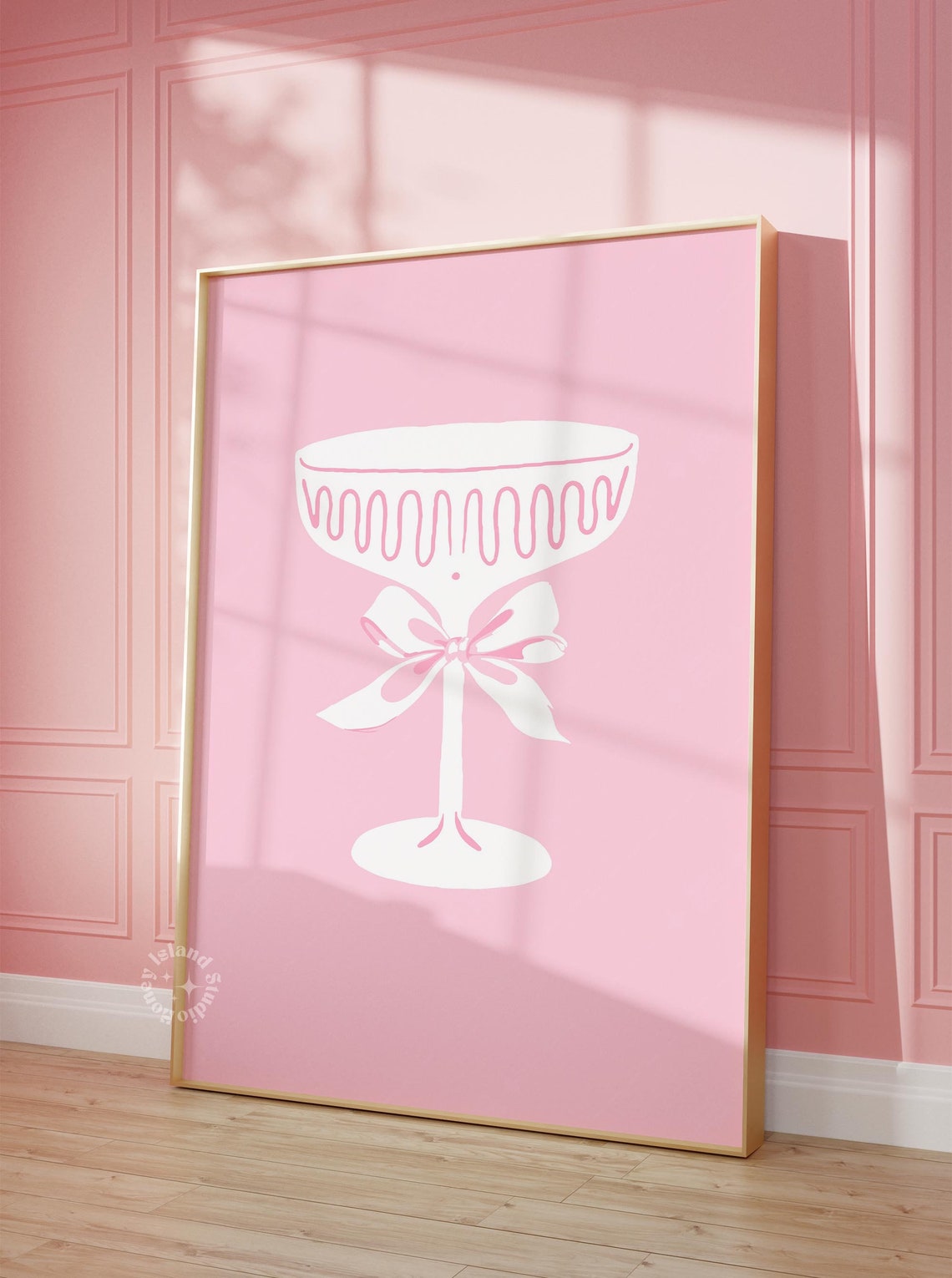 Pink Champagne Coupe Glass White Bow Coquette Bar Cart Poster
