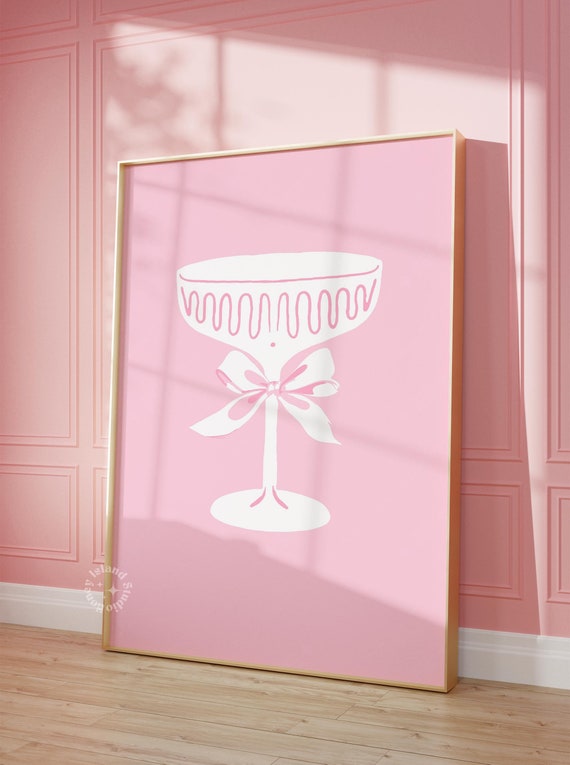 Cocktail Bow Print Coquette Pink Girly Decor Dorm Room Cute Bar Cart Art Trendy Wall Unframed