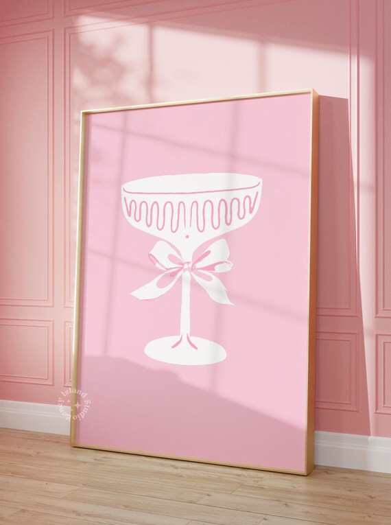 Pink Champagne Coupe Glass White Bow Coquette Bar Cart Poster