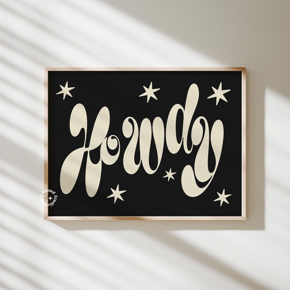 Howdy Retro Western Typography Cowboy Stars Vintage Black Wall Art