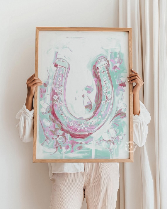 Mint Pink Lucky Horseshoe Watercolor Western Good Luck Charm Art Poster