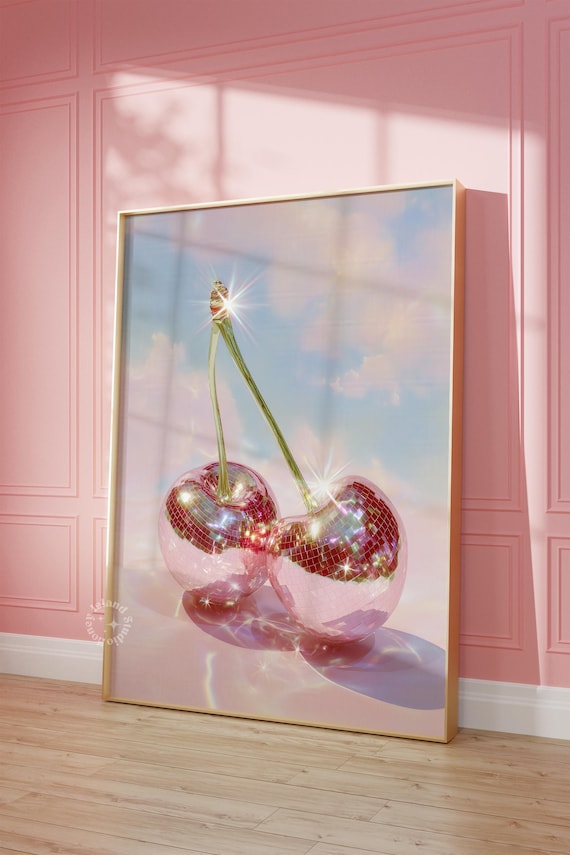 Pink Disco Ball Cherries Surreal Sparkle Glam Pop Art Poster