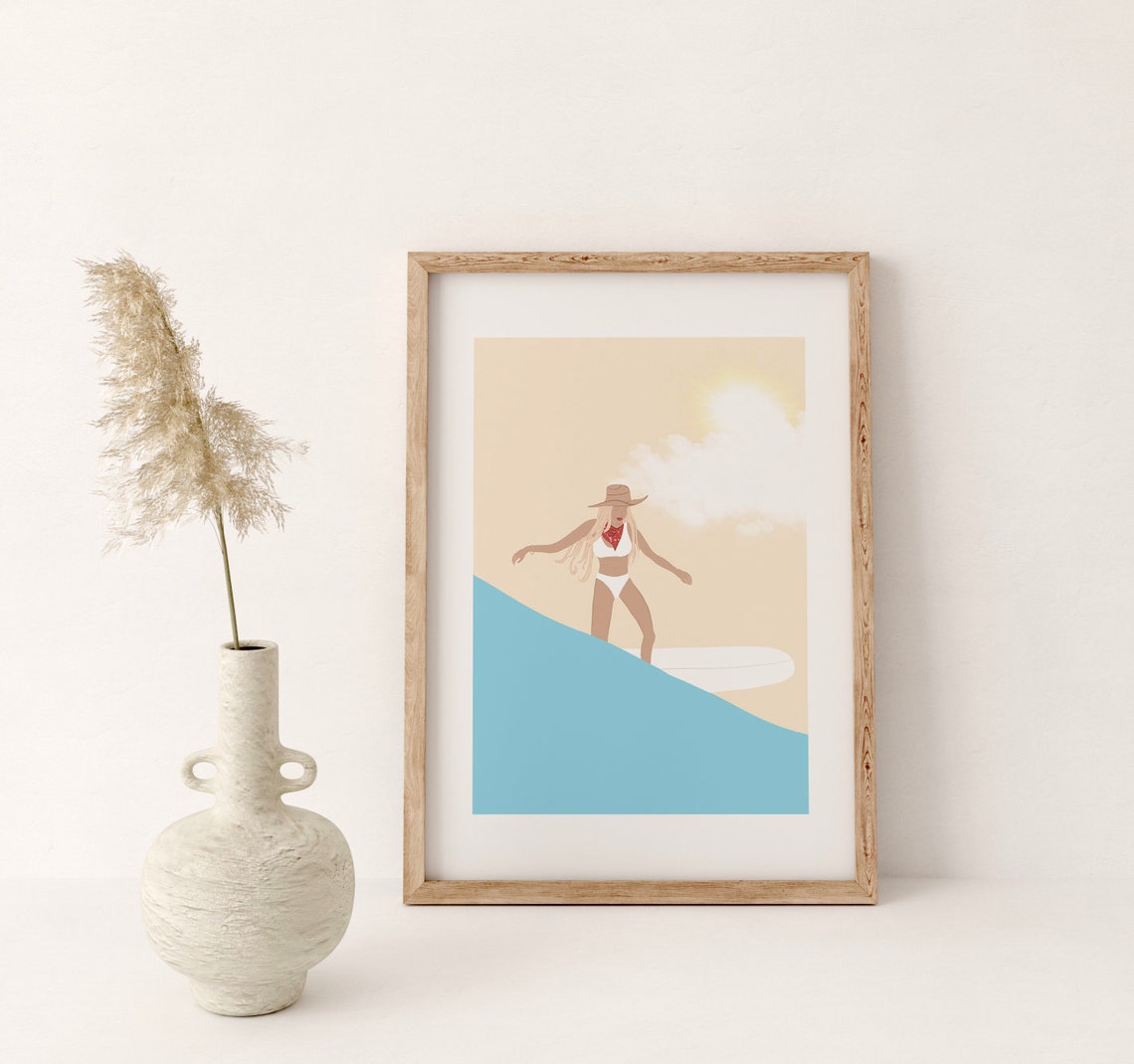Surfing Cowgirl Western Boho Style Beach Illustration Wall Art