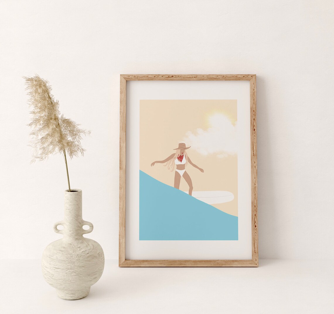 Surfing Cowgirl Western Wall Art Surf Boho Cowboy Decor Cuto Illustration Beach Prints