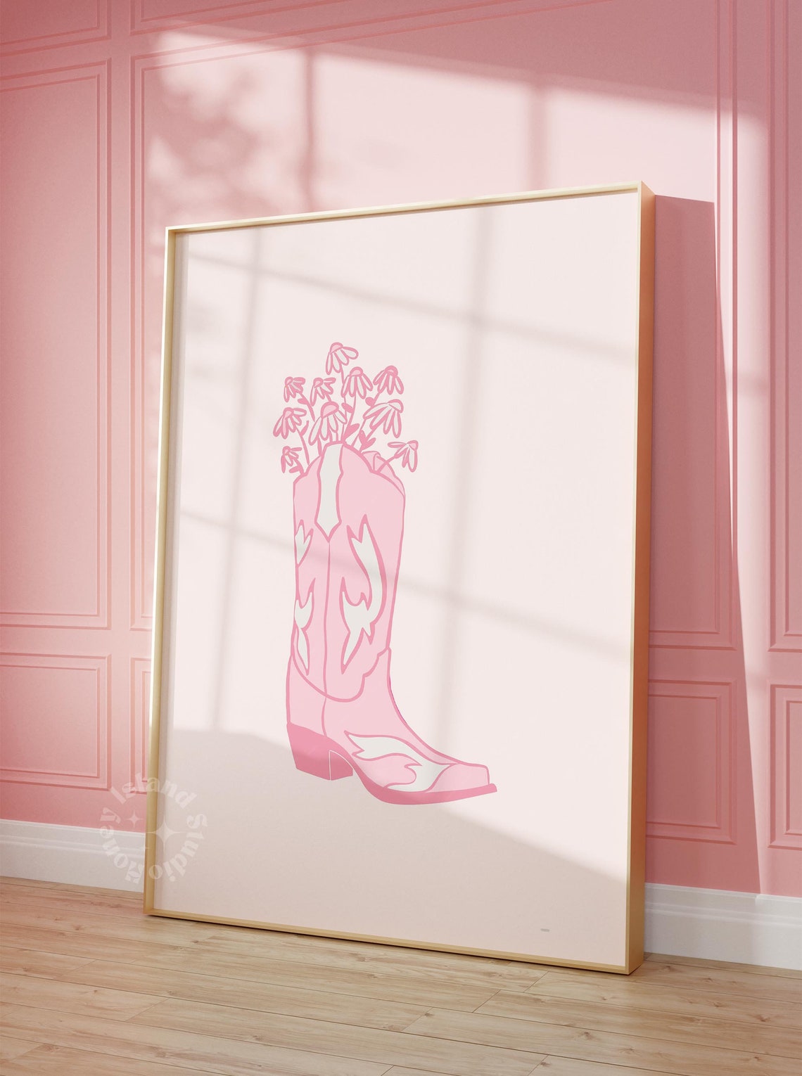 Pink Cowboy Boot with Wildflowers Western Line Art Decor Poster