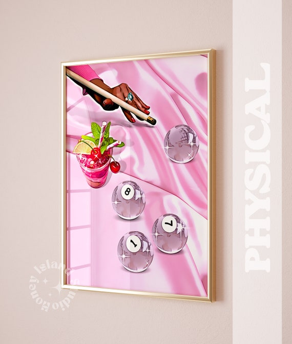 Billiards Pink Print Black Women Playing Pool Ball 8 Wall Retro Drinks Poster Dark Skin Bar Cart