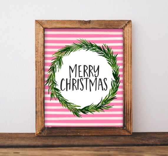 Merry Christmas Pink Stripe Watercolor Wreath Holiday Poster