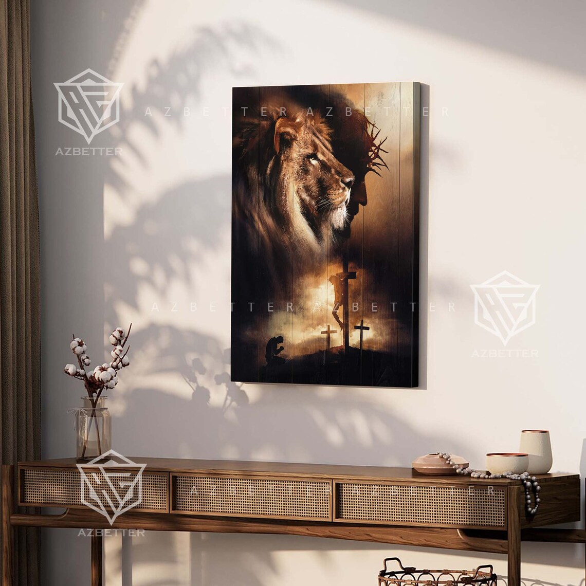 Lion of Judah Jesus Crown of Thorns Three Crosses Christian Faith Poster - Image 5