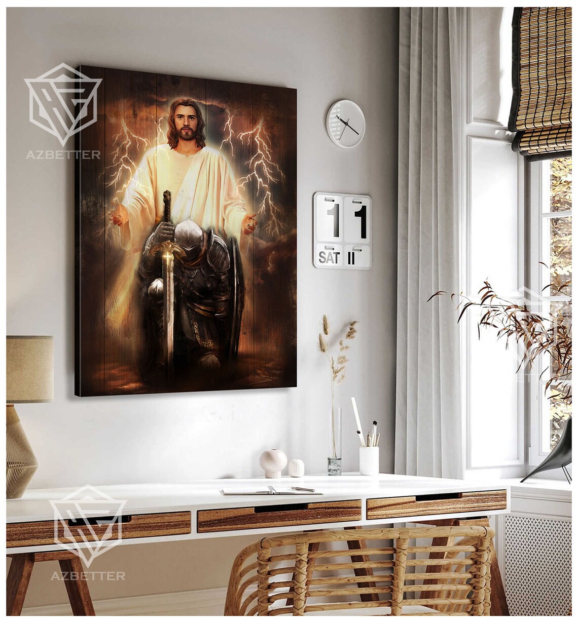 Jesus With Lightning And Kneeling Knight Armor Of God Faith Poster - Image 4