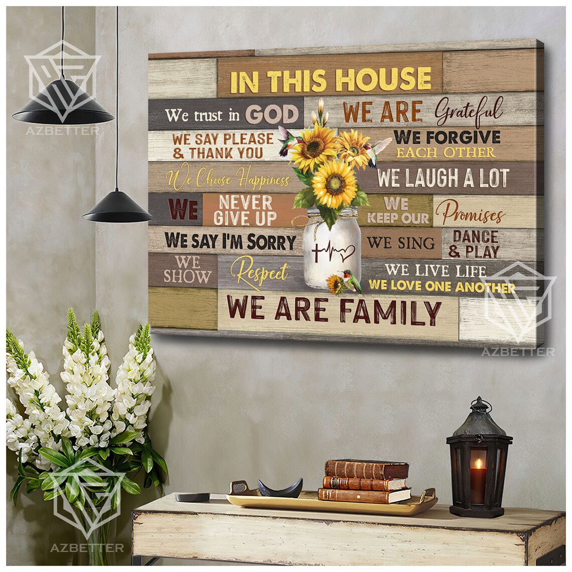 In This House We Trust In God Sunflower Family Rules Wooden Poster - Image 3
