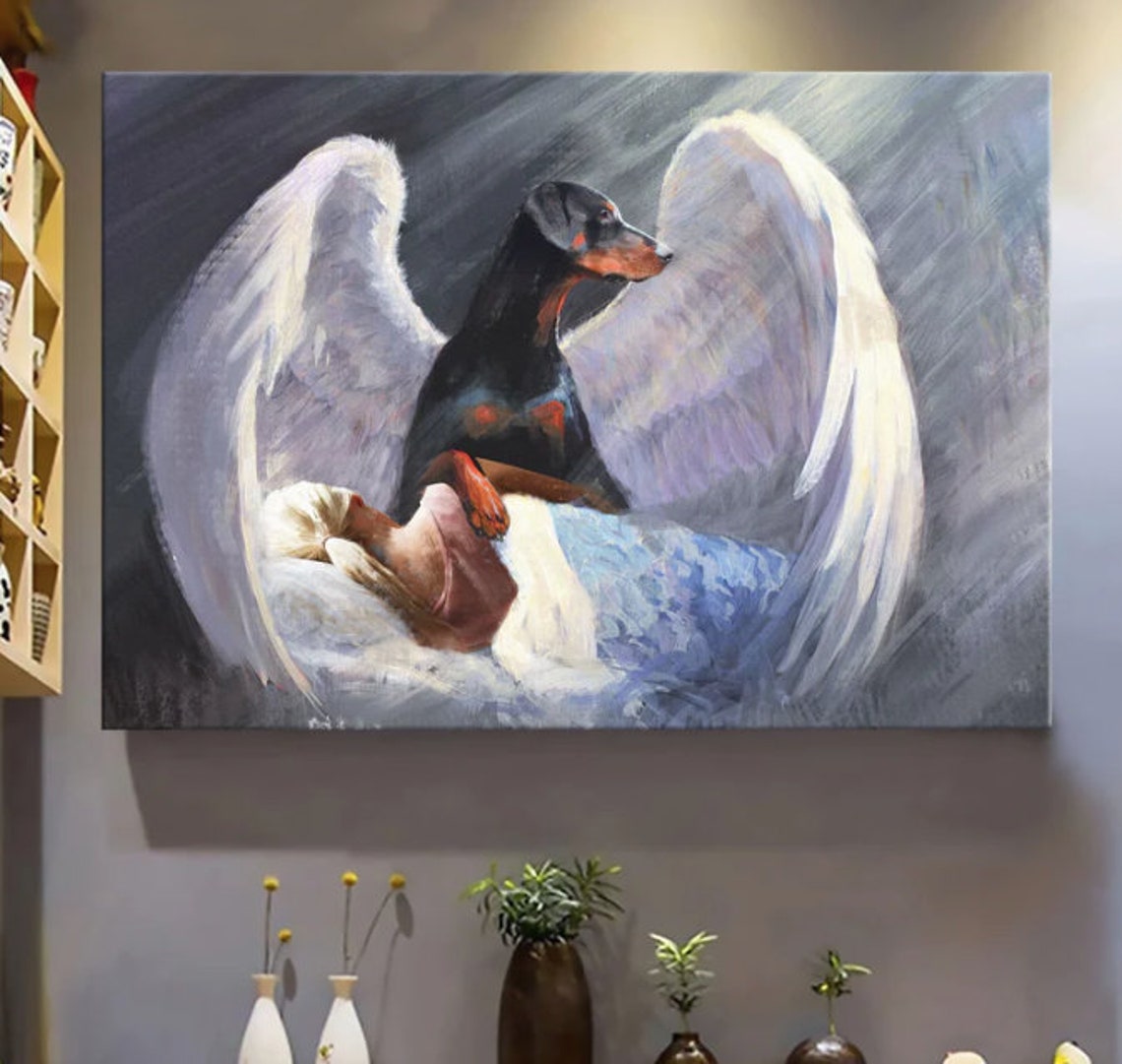 Doberman With Angel Wings Guarding Sleeping Loved One Art Poster - Image 3