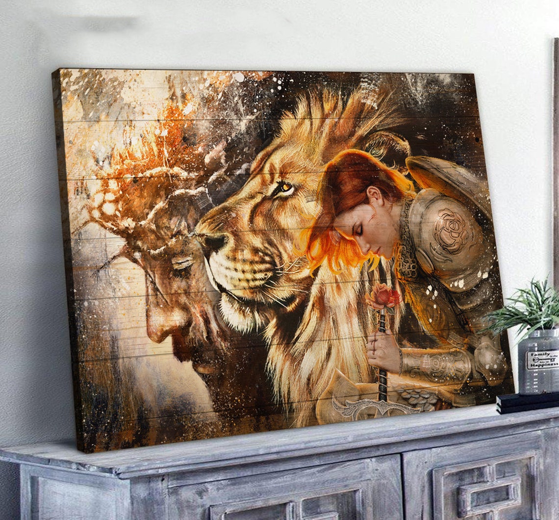 Woman Warrior Print Lion Of Judah Art Painting God Wall Art Home Decor Daughter Of The King Female Knight Painting Jesus Artwork