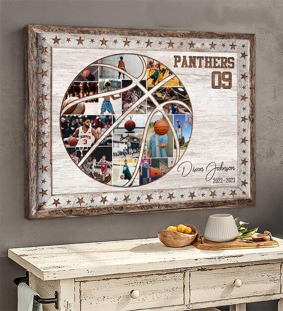 Panthers 09 Basketball Shape Rustic Photo Collage Number Poster