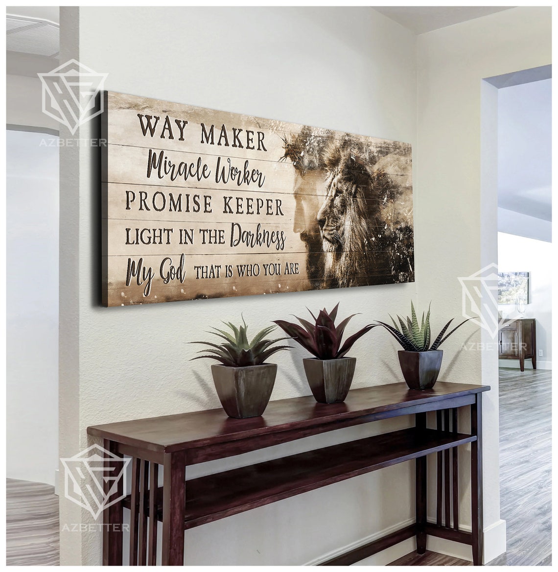 Way Maker Miracle Worker Lion And Jesus Portrait Wooden Sign Poster - Image 3