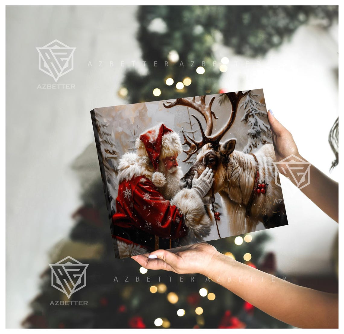 Santa Gently Petting Reindeer Snowy Forest Christmas Canvas Poster - Image 3