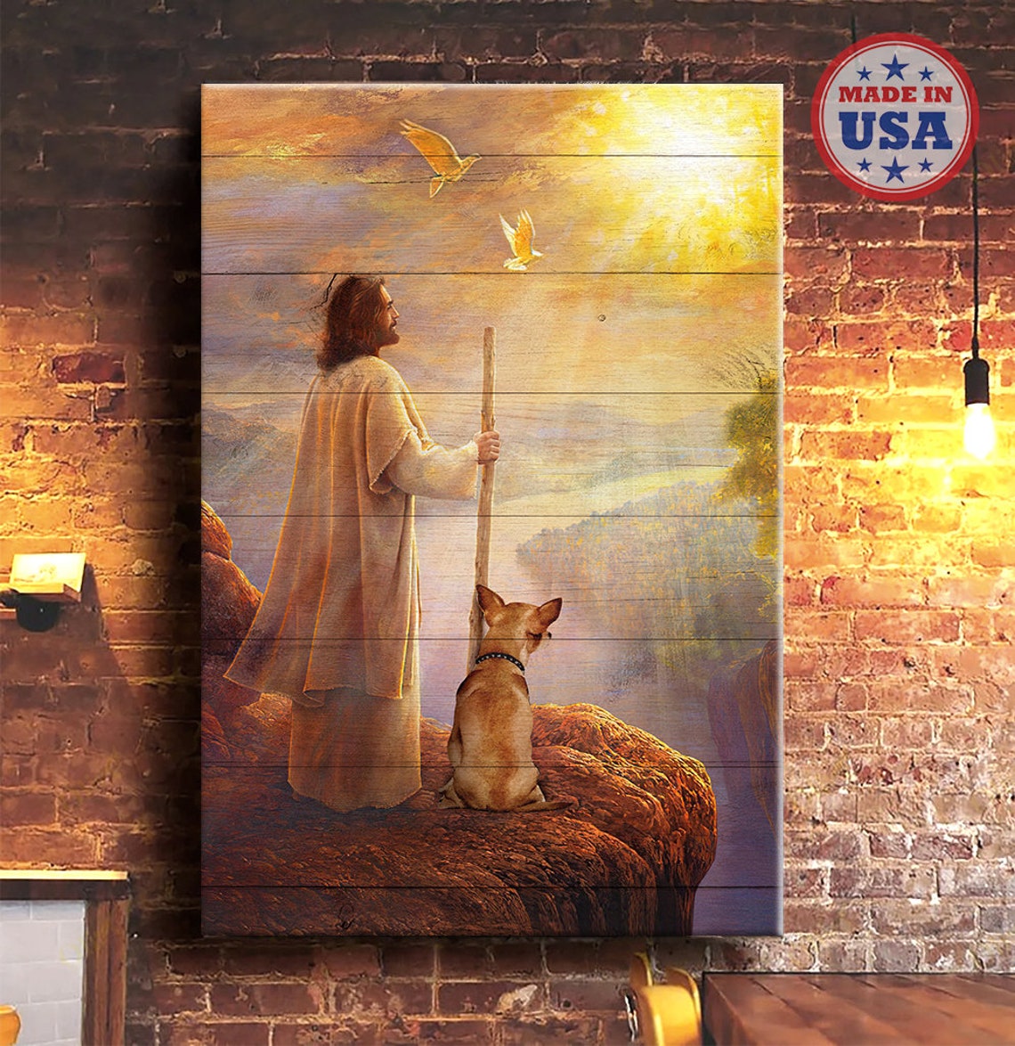 Jesus with a Chihuahua on a Mountain Cliff at Golden Sunrise Poster - Image 4