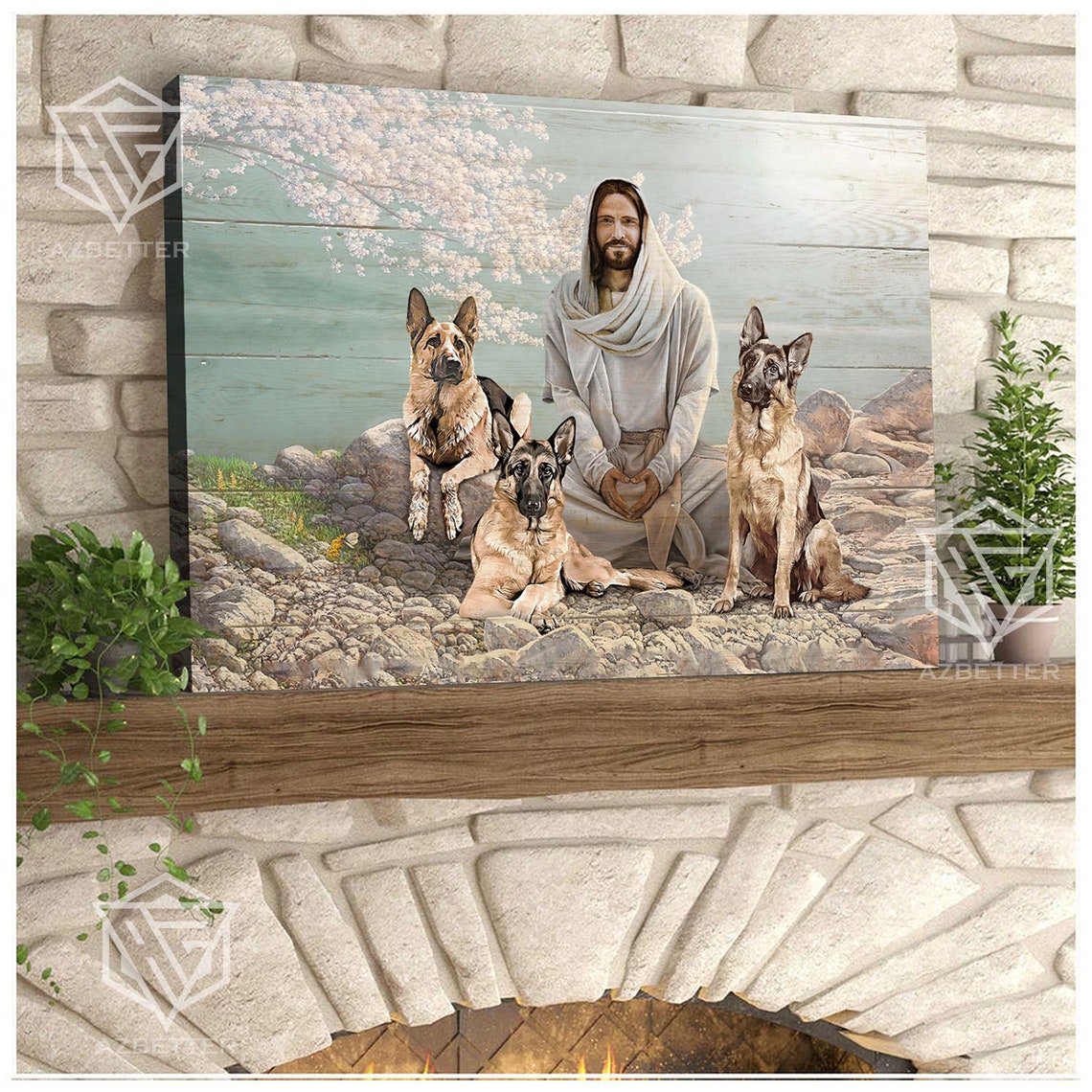 Jesus With Three German Shepherd Dogs In Blooming Garden Poster - Image 4