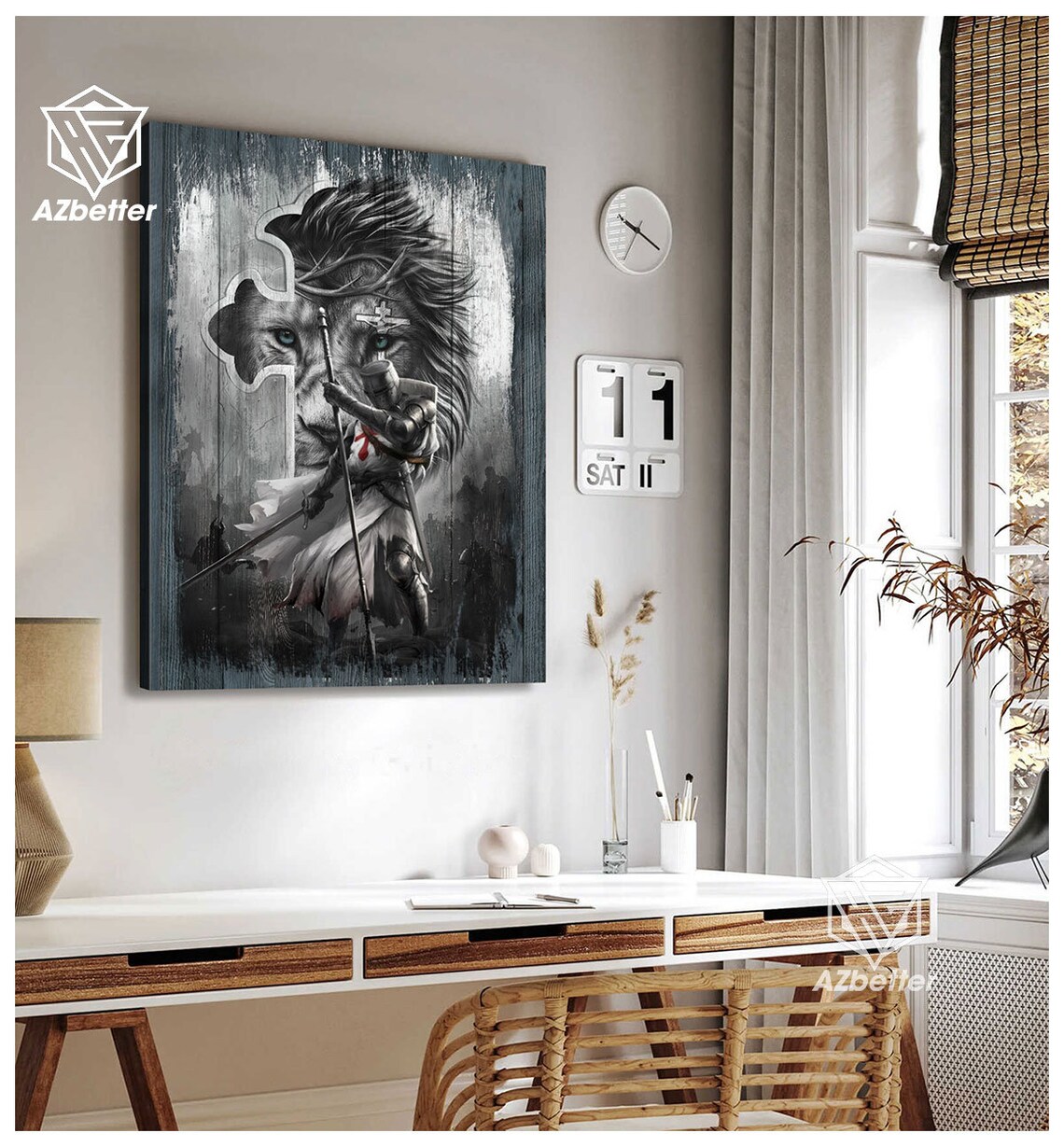 Sword of the Spirit Knight with Spear Lion in Cross Grayscale Poster - Image 4