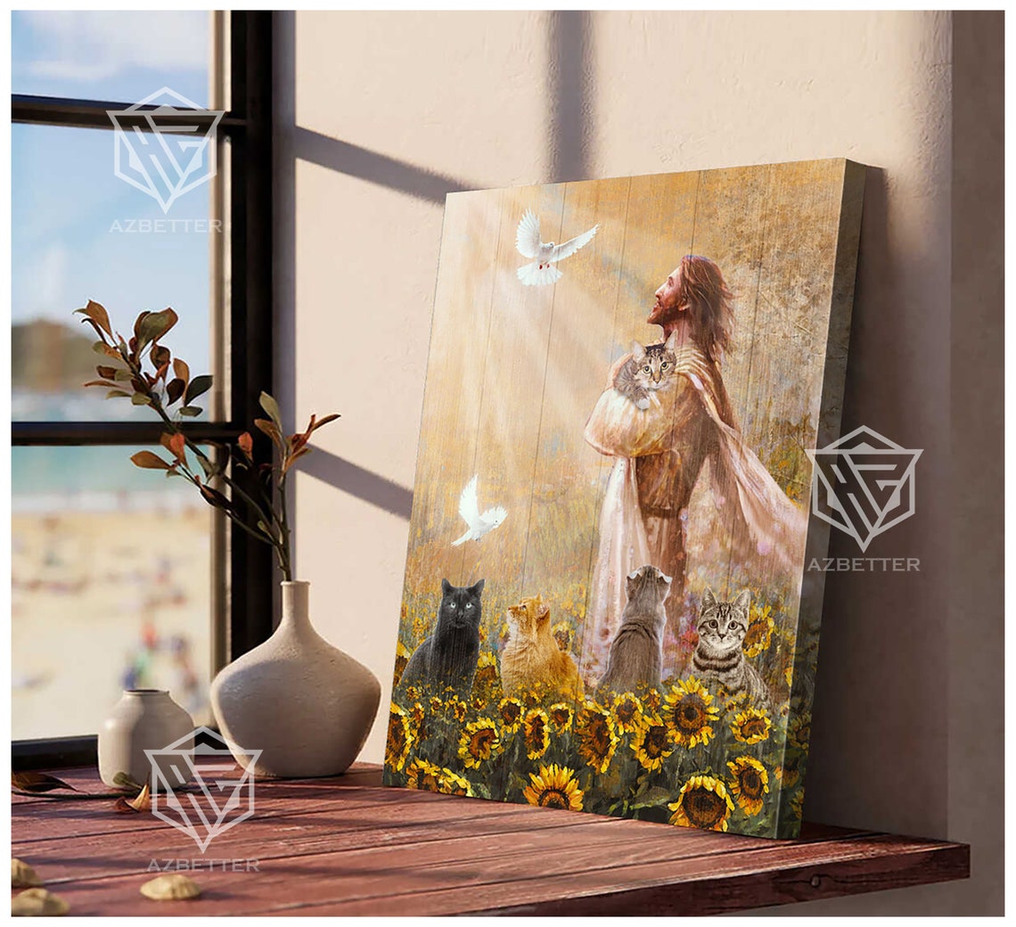 Jesus Holding Kitten In Sunflower Field With Cats And Doves Poster - Image 4