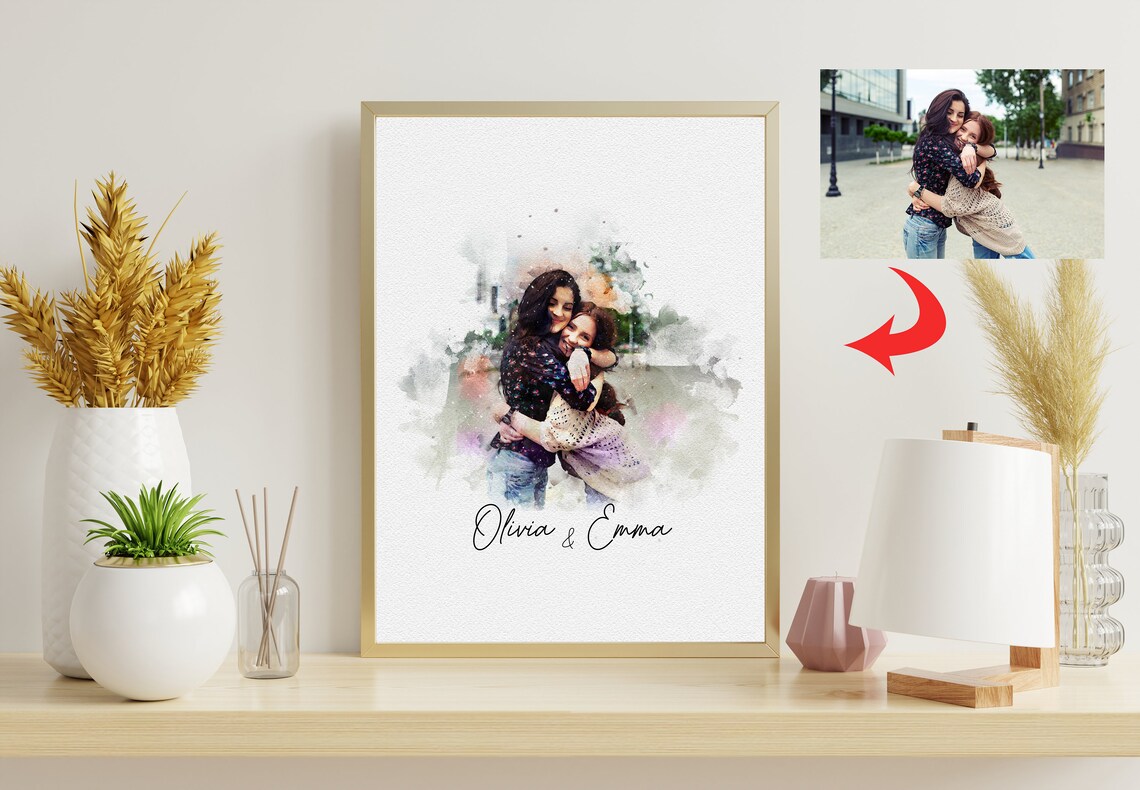 Custom Watercolor Portrait from Photo Two Women Hugging Names Poster - Image 5