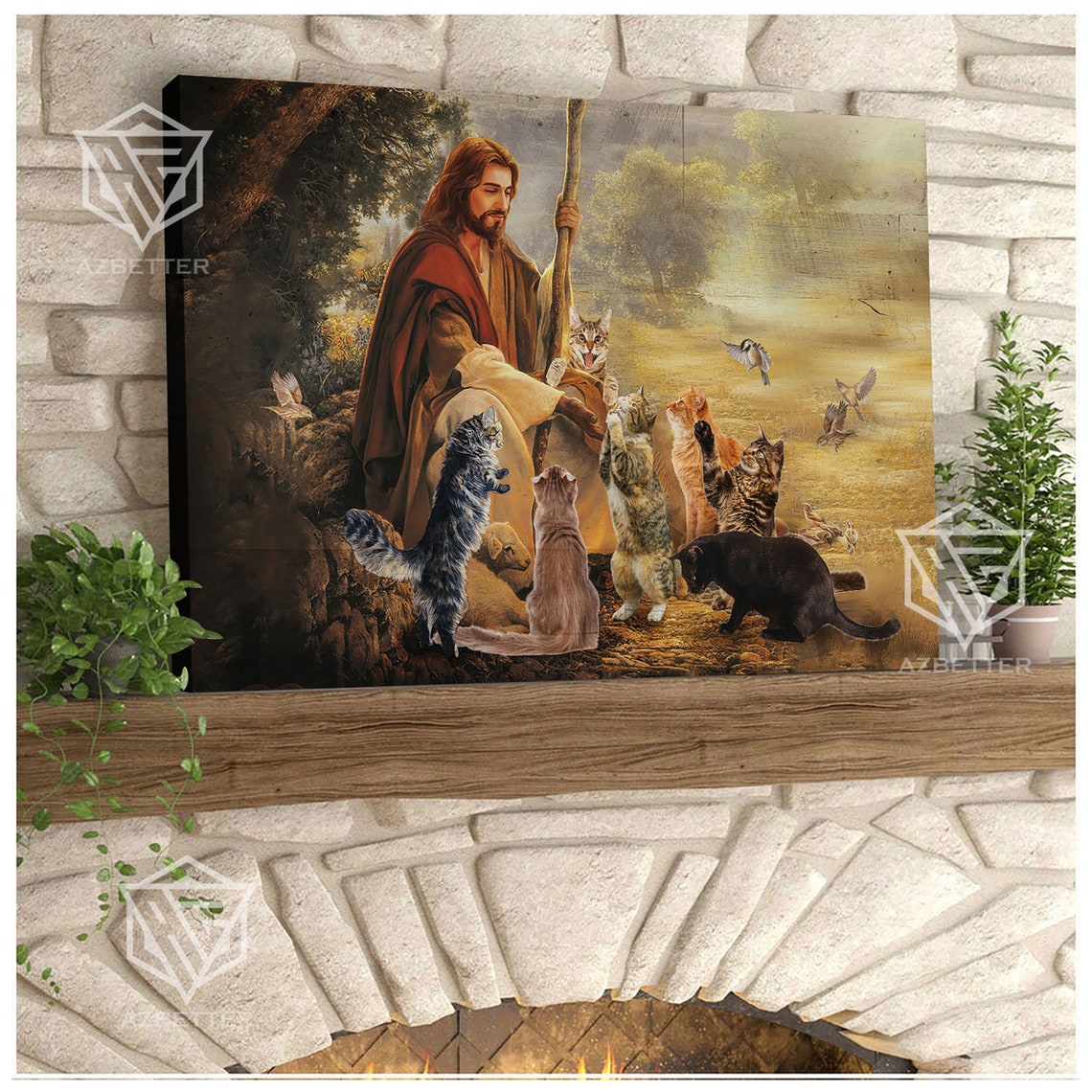 Jesus With Shepherd Staff Surrounded By Many Cats Christian Poster - Image 5