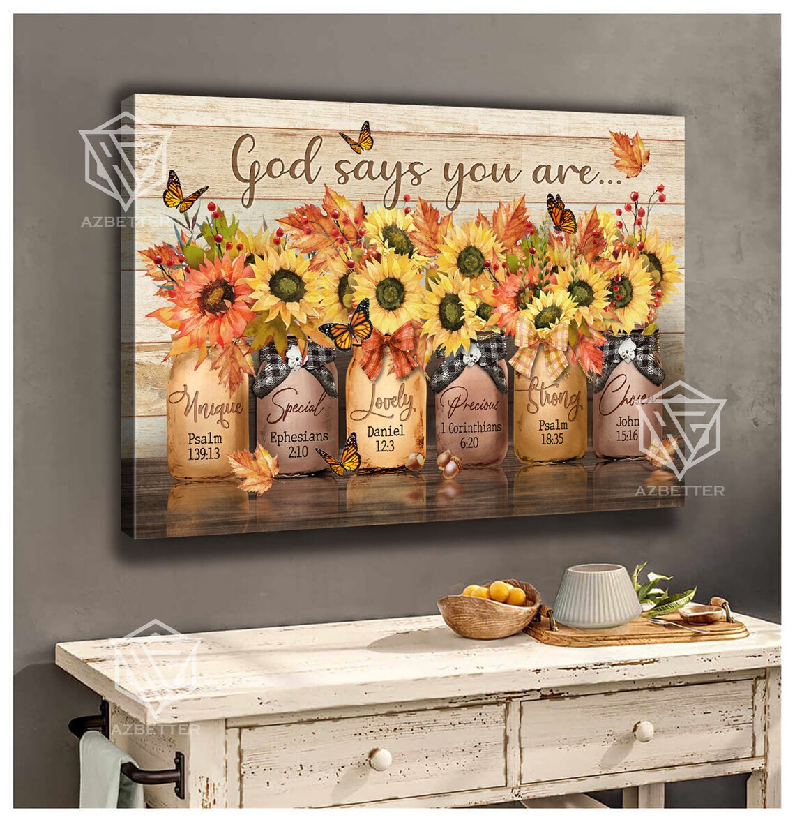 God Says You Are Autumn Sunflowers Mason Jar Faith Words Poster