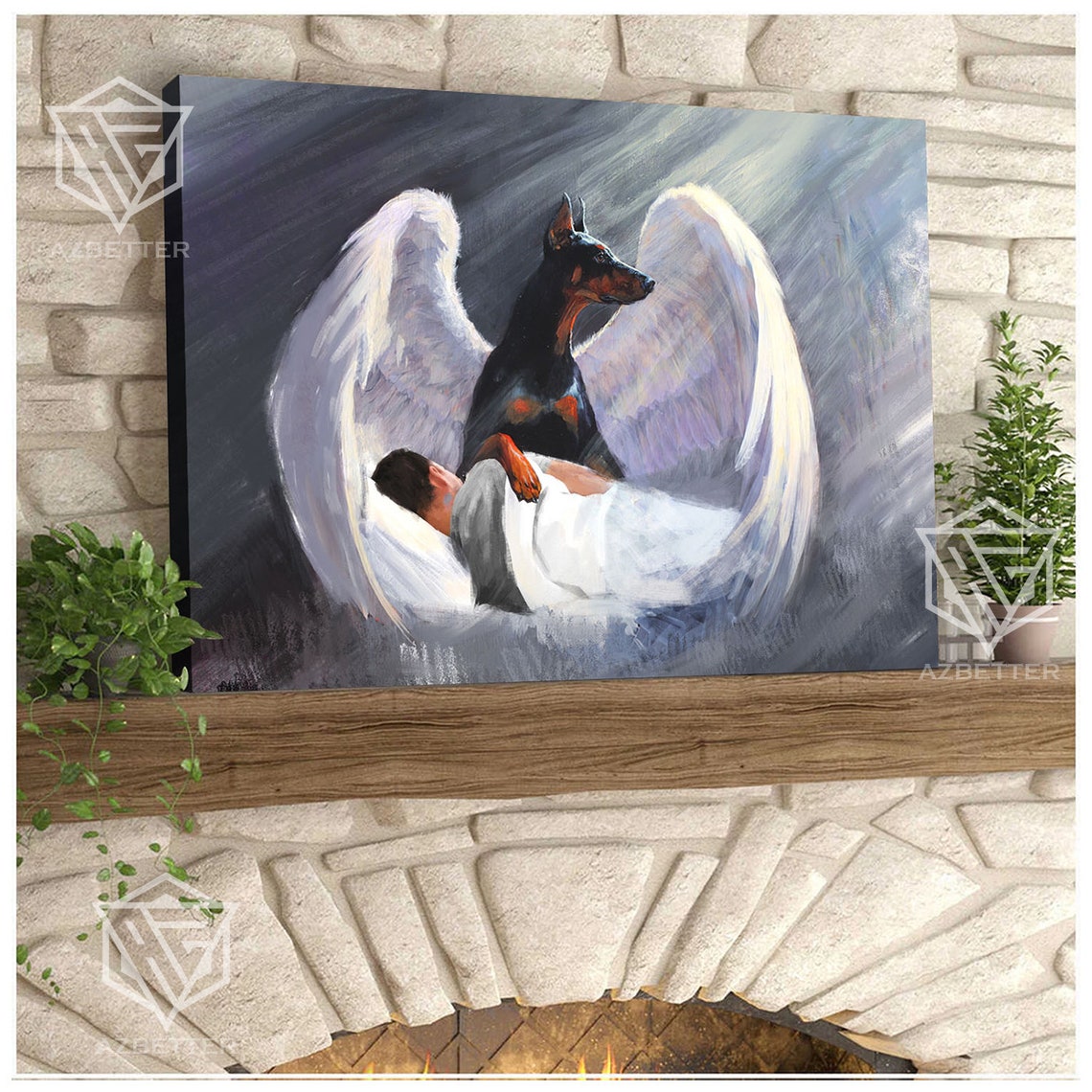 Doberman Angel Wings Guardian Watching Over Sleeping Man Poster - Image 4