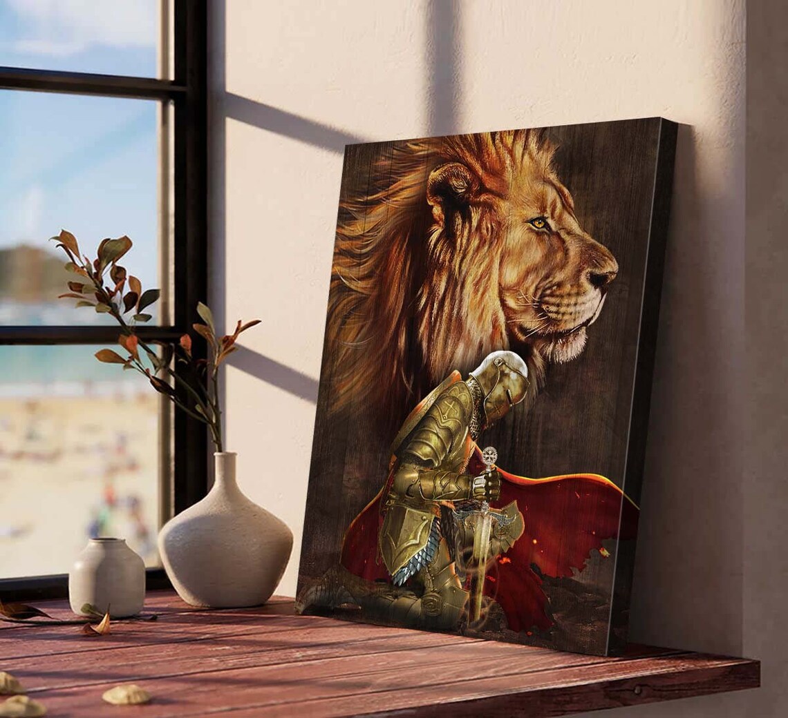 Golden Armor Knight Kneeling Before Lion Of Judah Faith Poster - Image 4