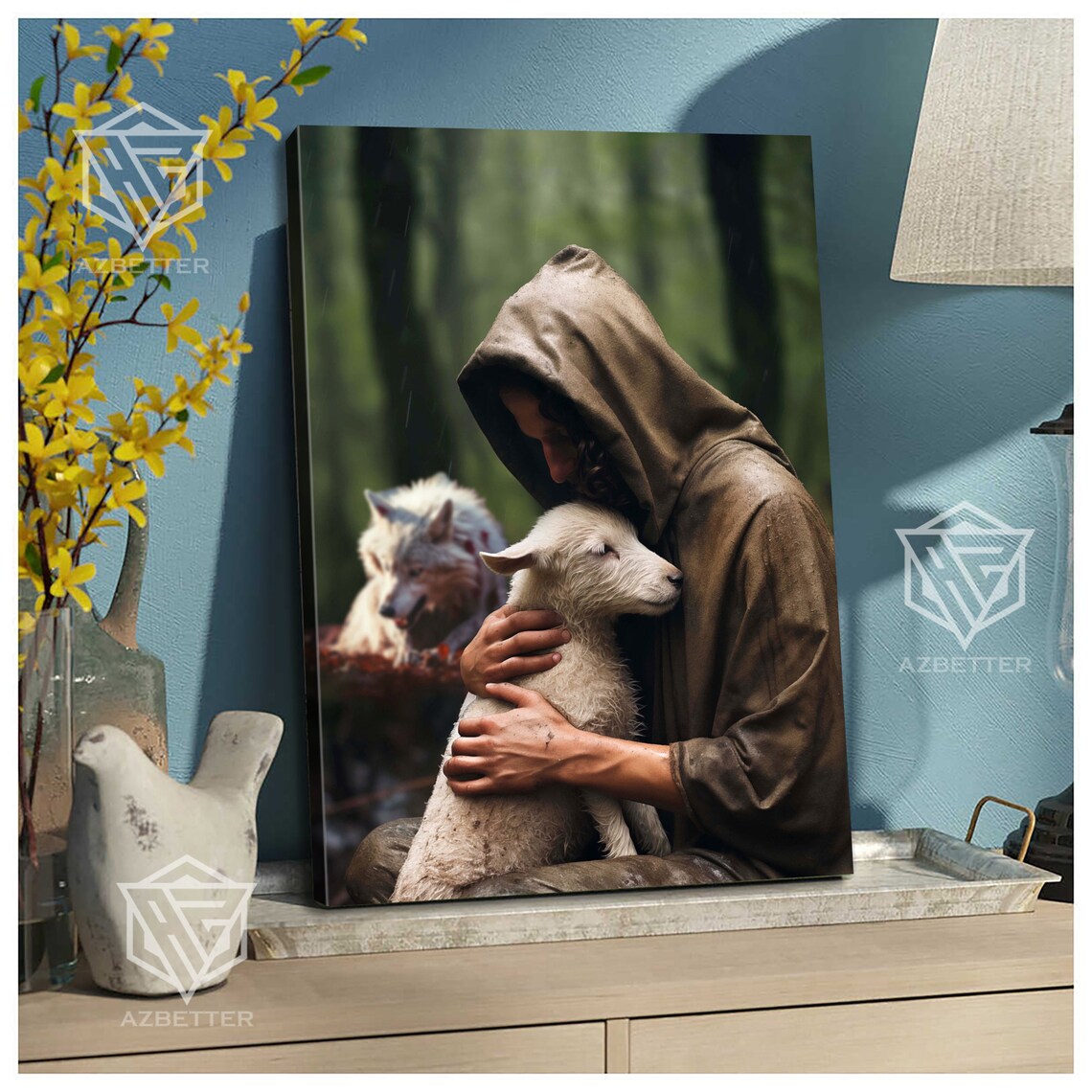 Hooded Jesus Tenderly Holding the Lamb Wolf Behind Faith Poster