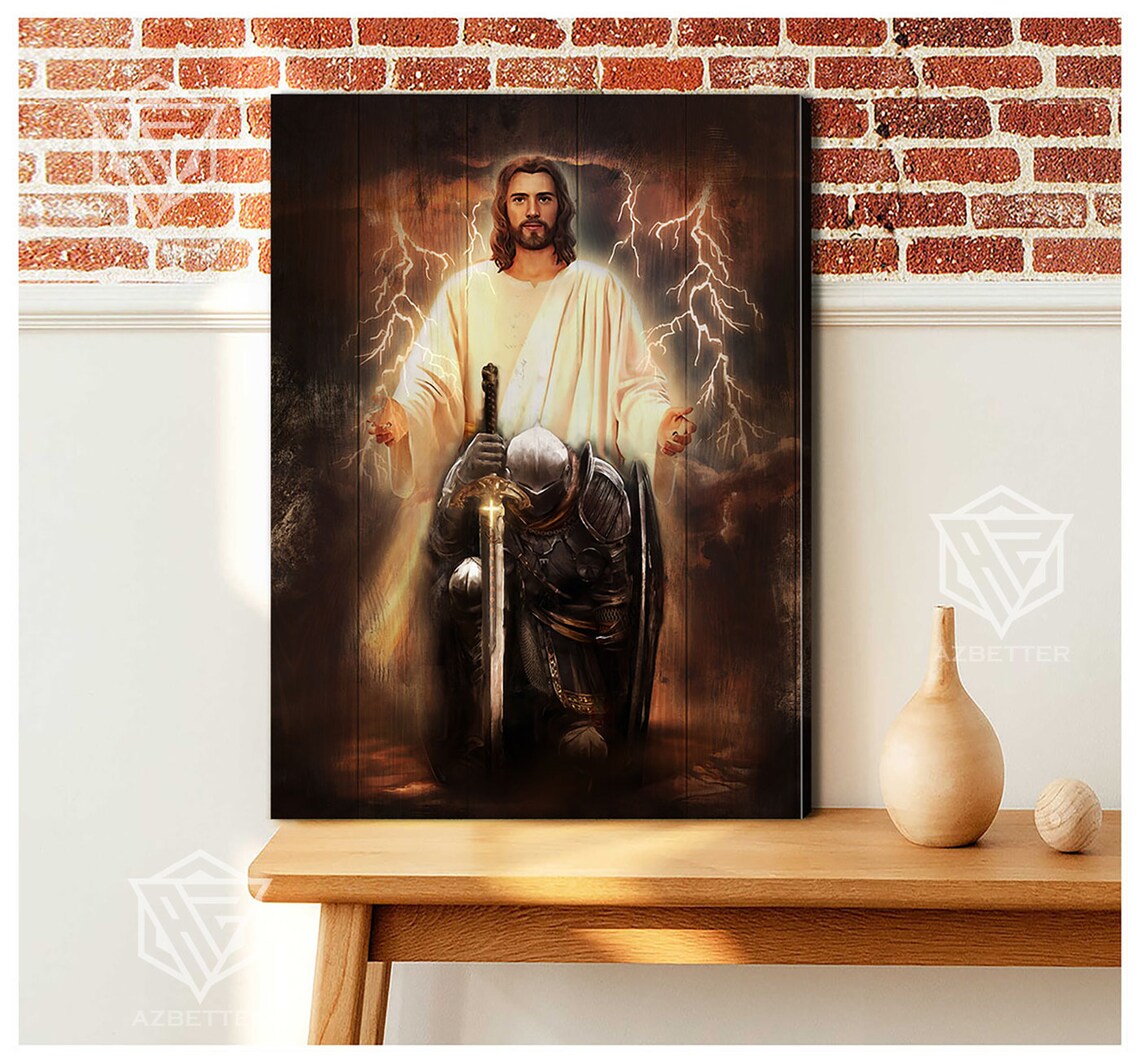 Jesus With Lightning And Kneeling Knight Armor Of God Faith Poster - Image 5