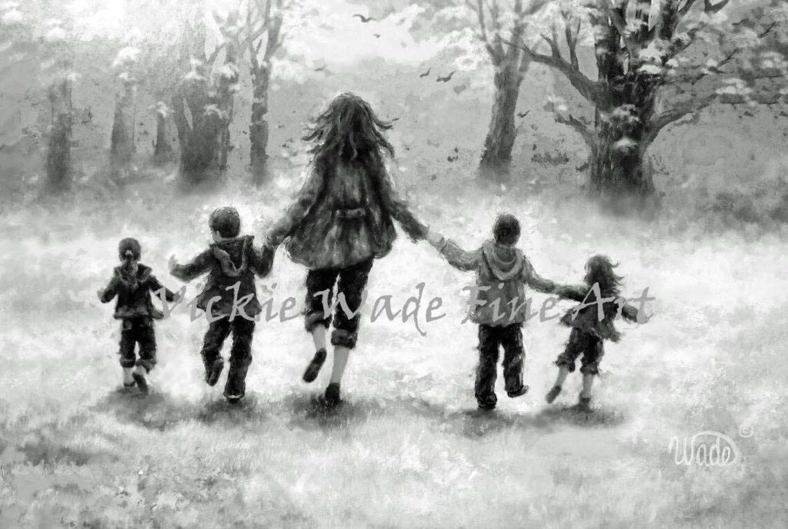 Mother Two Sons Two Daughters Art Print Four Children Two Boys Two Girls Mom Twin Girls Wall Art Mothers Day Gift Vickie Wade Art - Image 2