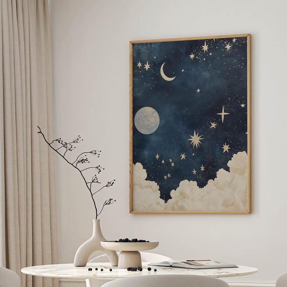 Celestial Night Sky Wall Art Moon And Stars Print Dreamy Cosmic Gold Lunar Clouds Decor