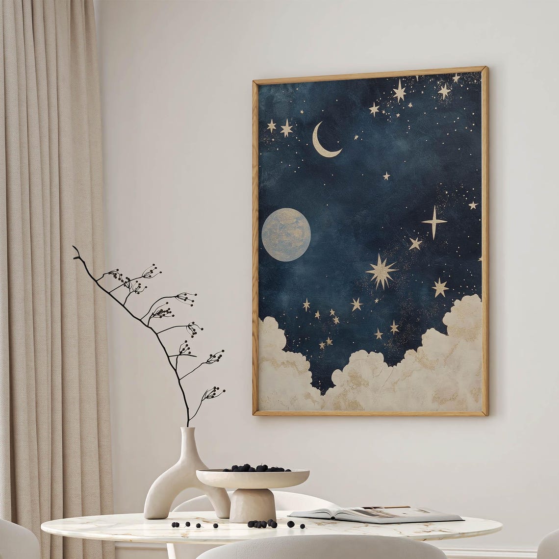 Celestial Moon Stars Night Sky Gold Cosmic Dreamy Cloud Wall Art