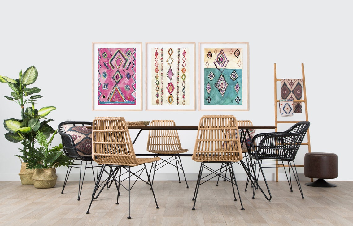 Pink Moroccan Diamond Rug Pattern Tribal Geometric Boho Wall Art - Image 3