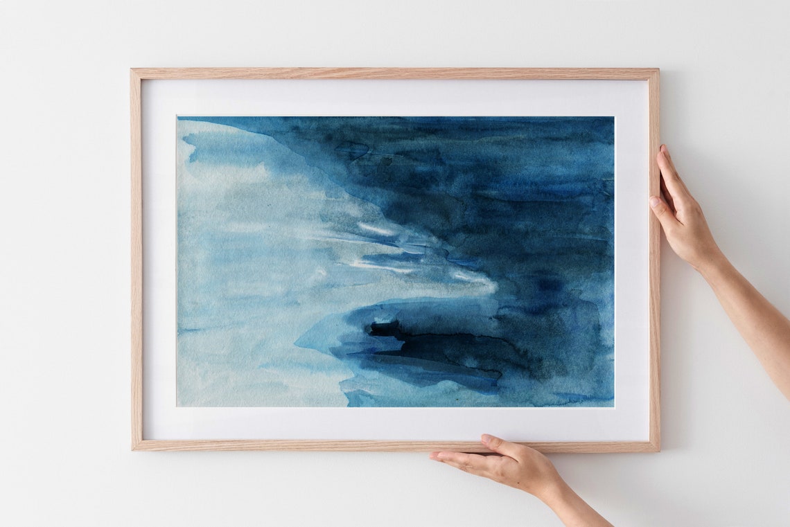 Navy Blue Watercolor Poster Abstract Ocean Waves Deep Sea Minimal Art