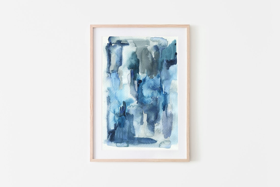 Indigo Blue Abstract Watercolor Navy Teal Vertical Stroke Art Print