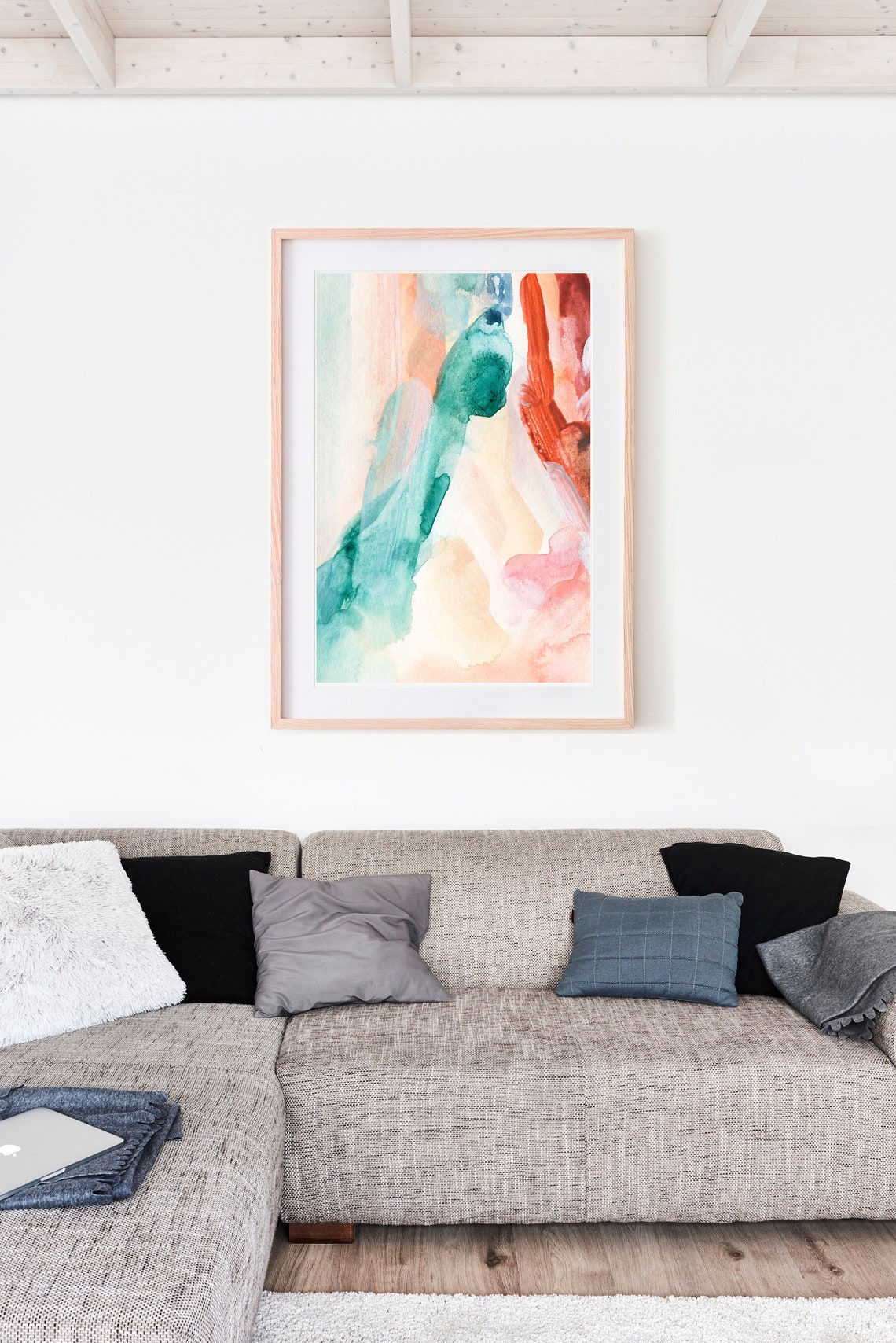 Abstract Vertical Watercolor Washes Teal Coral Rust Pastel Print - Image 2