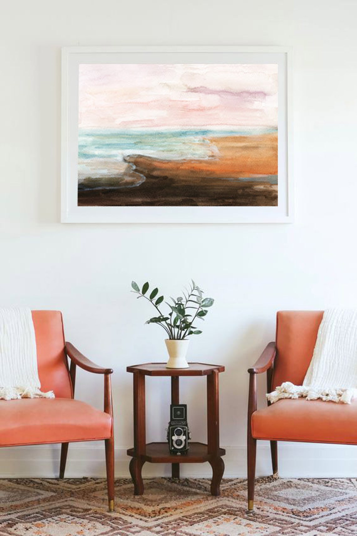 Abstract Beach Seascape Watercolor Brown And Blue Calm Shore Wall Art - Image 3