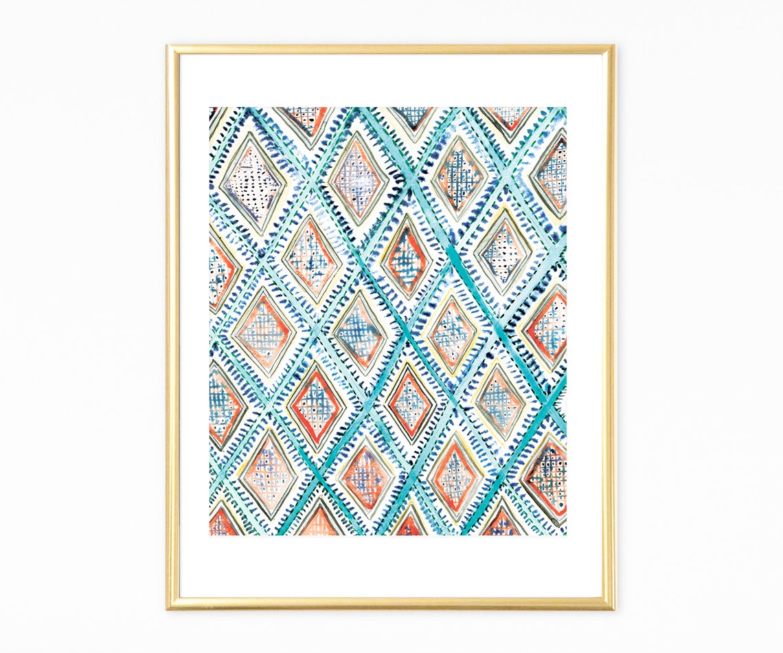 Boho Diamond Pattern Watercolor Turquoise Coral Tribal Modern Wall Art