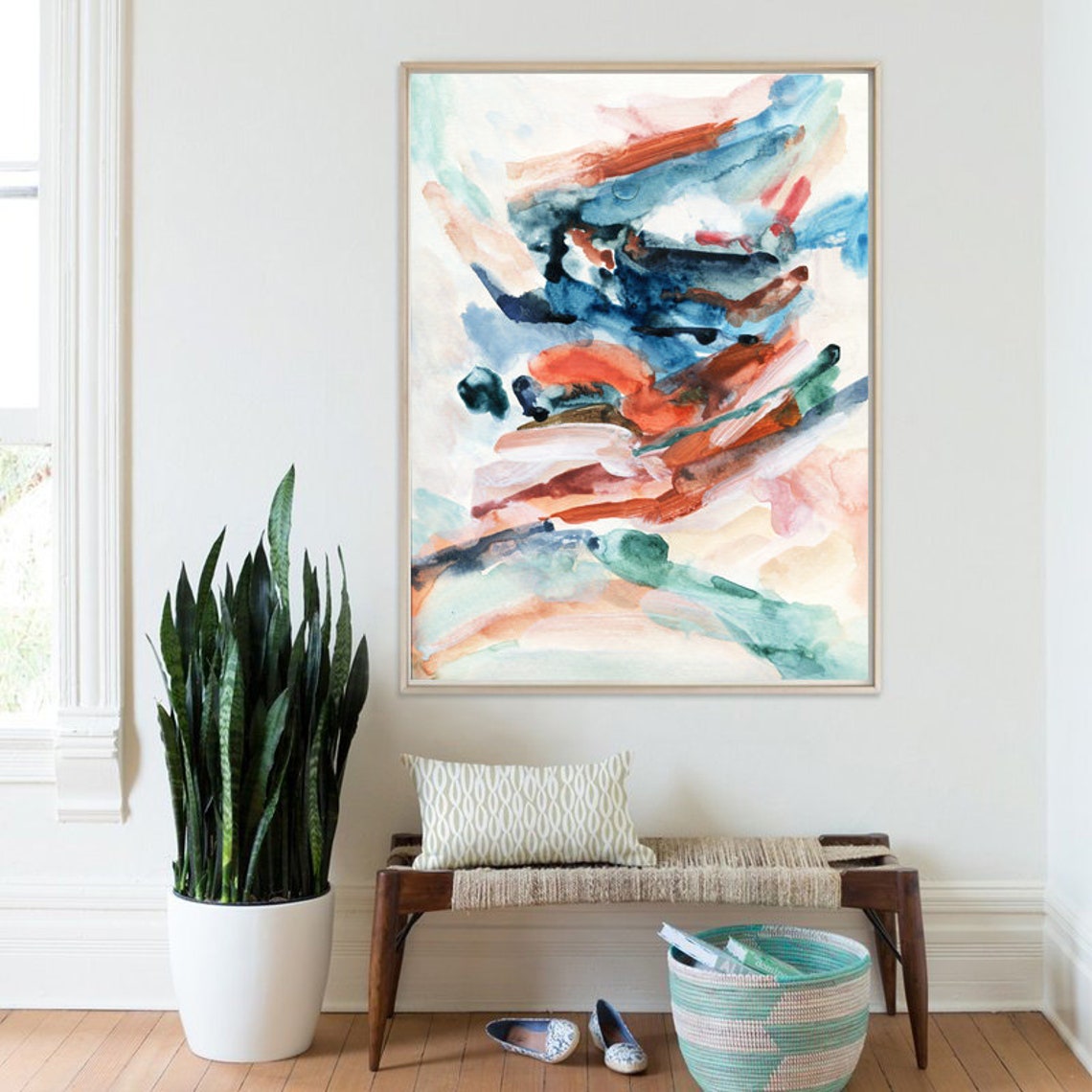 Abstract Watercolor Bold Strokes Blue Red Teal Modern Art Wall Art - Image 2
