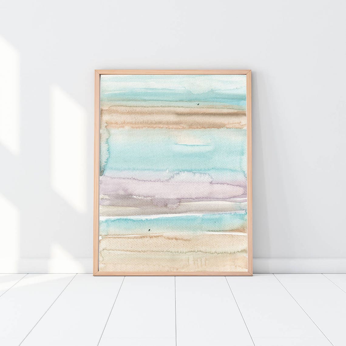 Serene Coastal Blue Beige Abstract Watercolor Stripe Art Poster