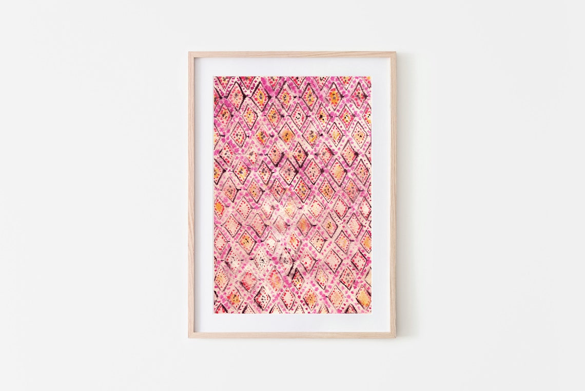 Pink Moroccan Rug Style Poster Diamond Lattice Pattern Watercolor Art - Image 2