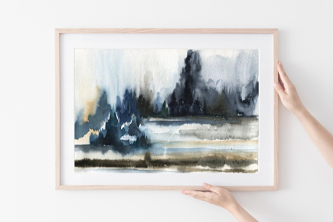 Misty Watercolor Forest Navy Ochre Abstract Woodland Trees Wall Art