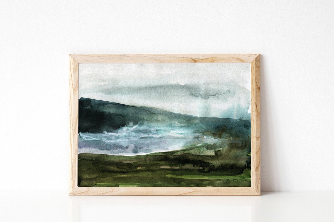 Abstract Moody Blue Green Hills Lake Watercolor Landscape Print