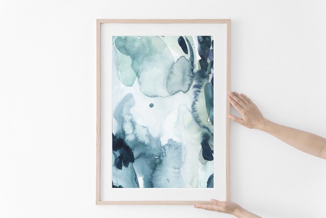 Abstract Blue Watercolor Art Teal Indigo Ink Wash Blooms Wall Art - Image 3