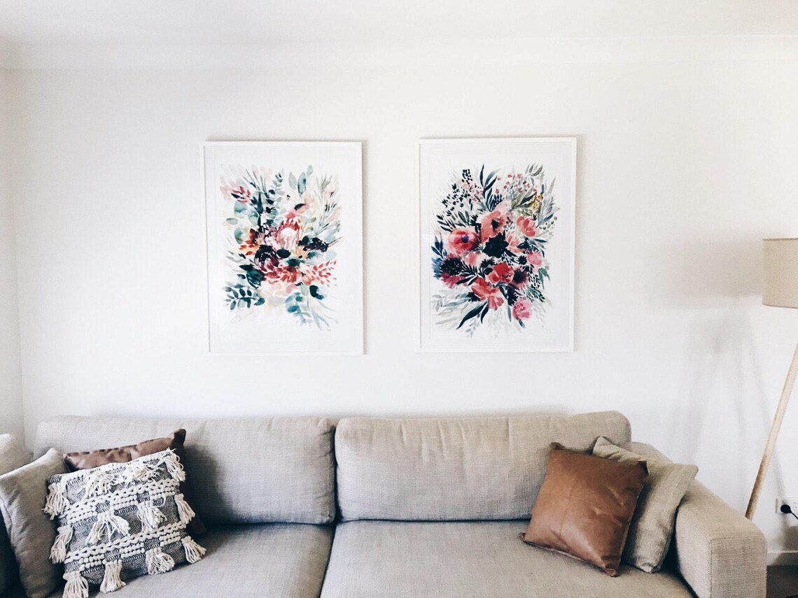 Protea Bouquet Watercolor Art Eucalyptus Blush Coral Blooms Wall Art - Image 3