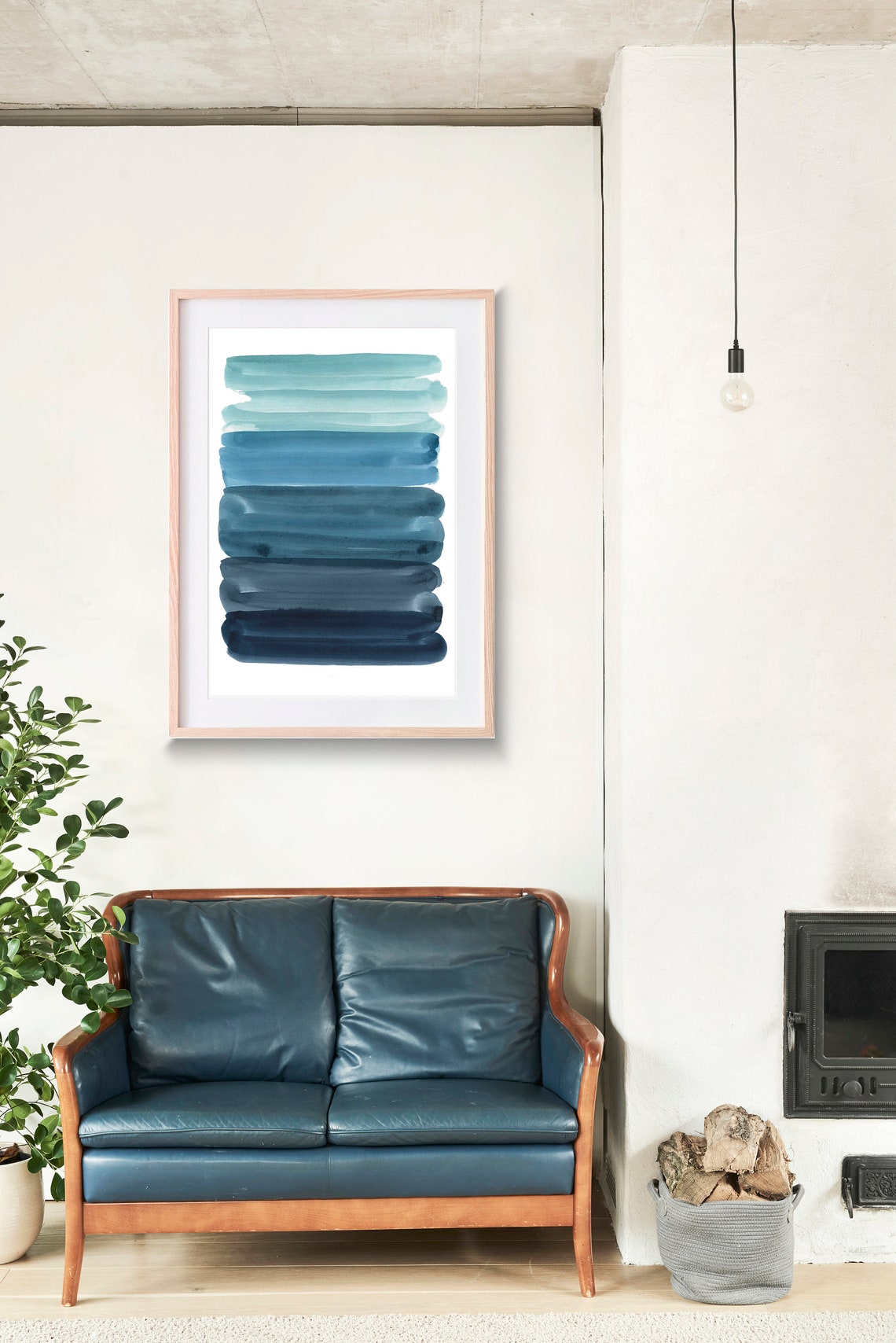 Blue Gradient Brushstroke Stripe Watercolor Teal Navy Ombre Wall Art - Image 3