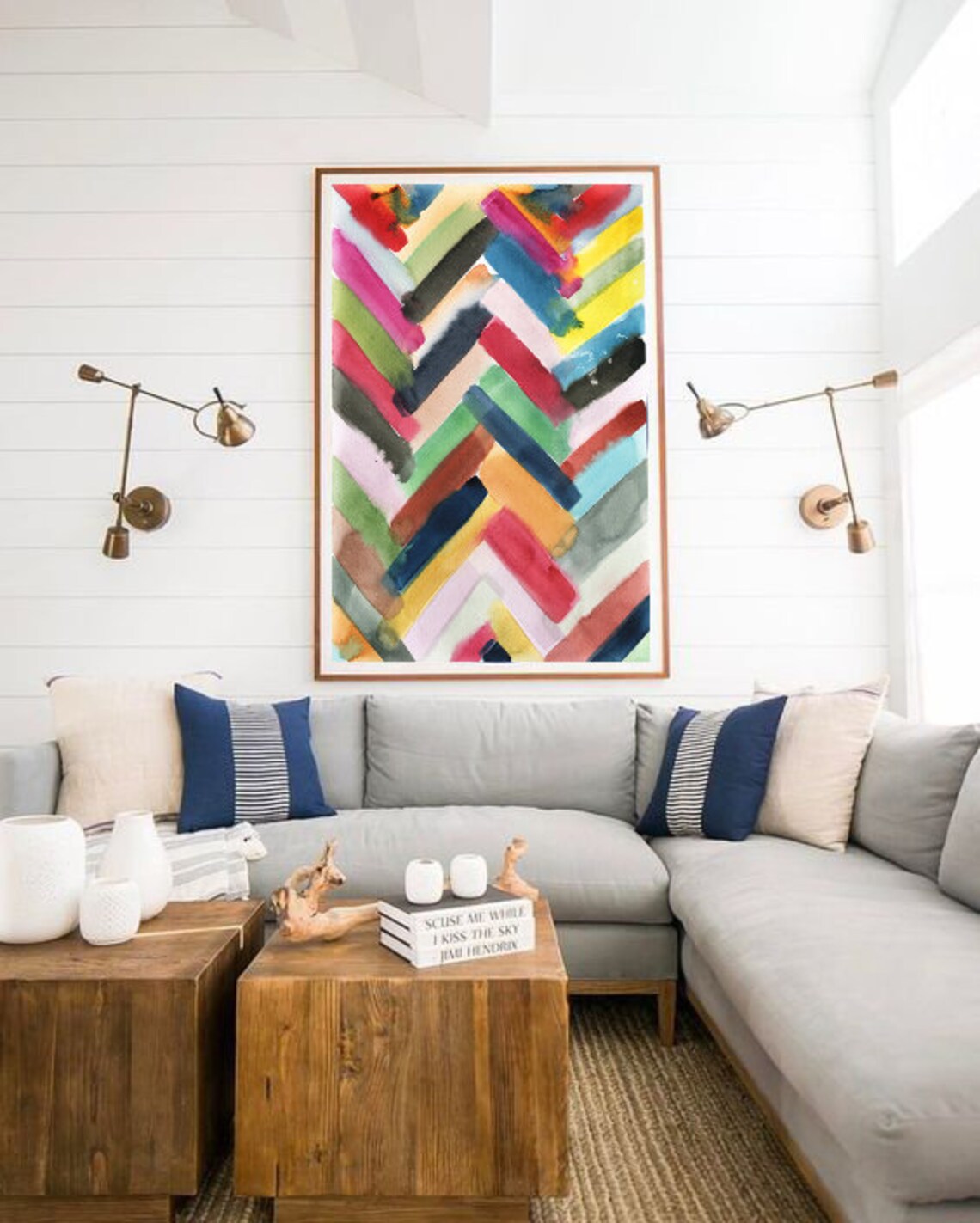 Colorful Geometric Chevron Watercolor Zigzag Bold Strokes Wall Art - Image 3