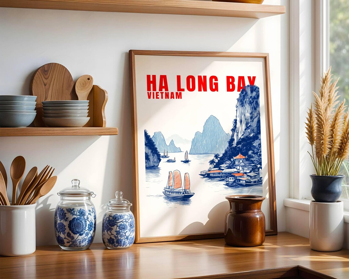 Ha Long Bay Vietnam Vintage Travel Style Karst Boats Line Art Poster