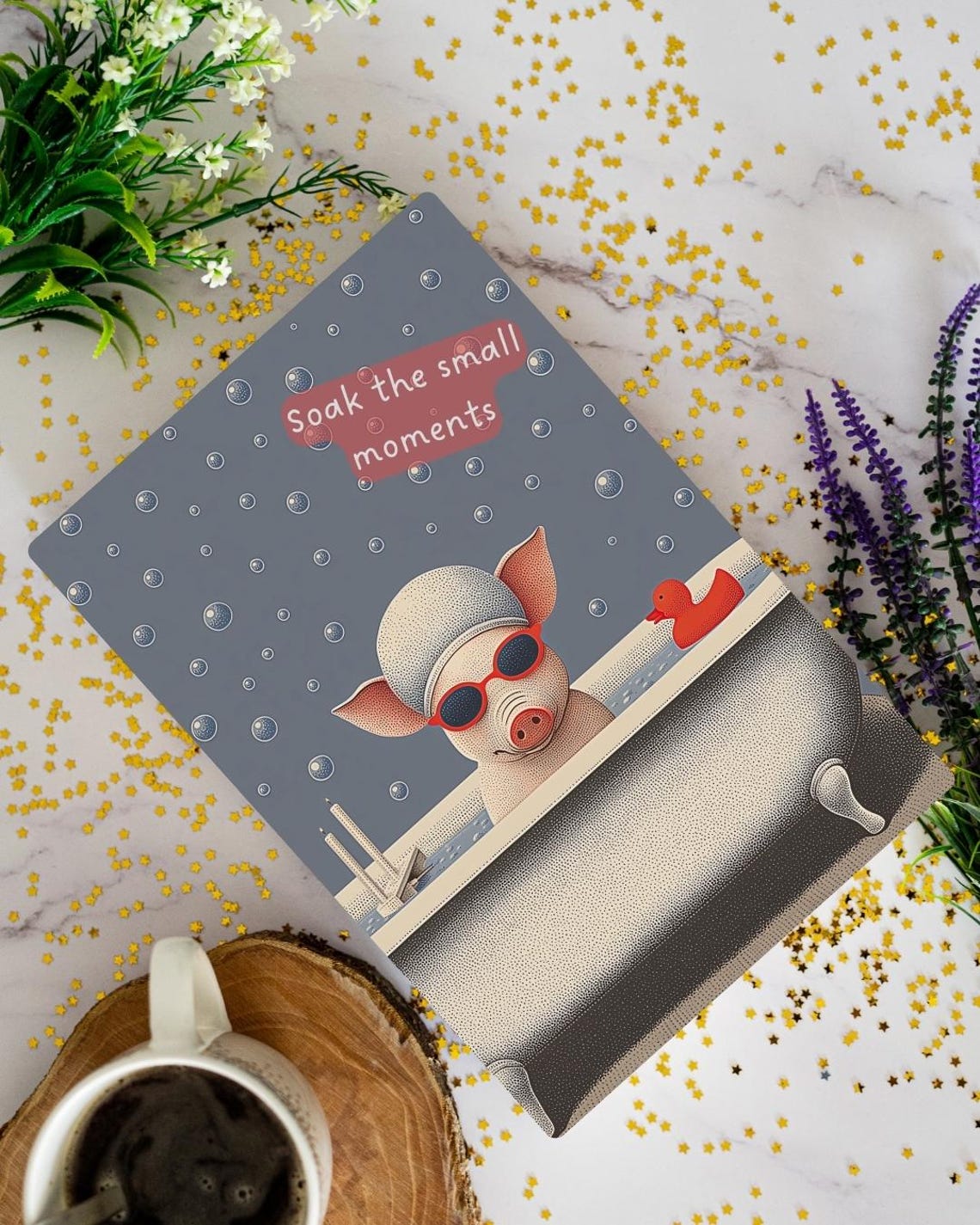 Soak The Small Moments Spa Pig Cute Bubble Bath Greeting Card Print